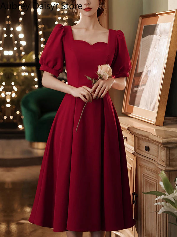 Elegant Red Midi Dress Women Summer Vintage Evening Party Dress Casual Fashion Formal Occasions One Piece Dress